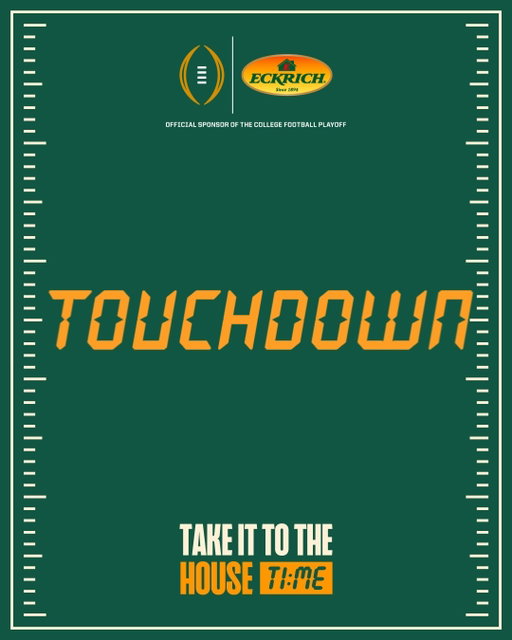 It’s @cfbplayoff time! When they take it to the house, you can win big.
After every touchdown, the clock stops. Enter the exact time of the score at the link in our bio for your shot at the 2026 College Football Playoff National Championship tickets and other tasty prizes. #CFBPlayoff #NationalChampionship

NO PURCHASE NECESSARY.  Open to US resides 18+. Each of 4 entry periods shall commence during each of the first four CFP playoff games on 12/19-12/20, 2025.  To enter and for Official Rules, go to www.eckrich.com/TakeItToTheHouse. Void where prohibited.