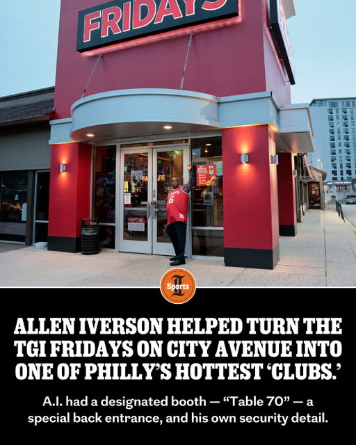 The TGI Fridays on City Avenue opened in 1981 and was down the street from where the Sixers practiced, first at St. Joseph’s, and eventually, at Philadelphia College of Osteopathic Medicine.⁠
⁠
It became the team’s unofficial hangout spot, a place where they could grab meals in the afternoon or dinner and drinks at night.⁠
⁠
By the late 1990s, it had a long list of NBA clientele. Then, a rambunctious rookie named Allen Iverson came to town, and everything changed.⁠
⁠
TGI Fridays was incorporated into Philadelphia’s nightlife scene. People called it “Club Fridays.” Women would wear their shortest dresses and their highest heels. Men would don collared shirts and expensive jeans.⁠
⁠
At the center of it all was Iverson, who had a designated booth — “Table 70” — a special back entrance, and his own security detail. Get the full story at the link in @phillyinqsports’ bio.⁠
⁠
📝 by @byalexcoffey / Staff⁠
📸 by Elizabeth Robertson / Staff