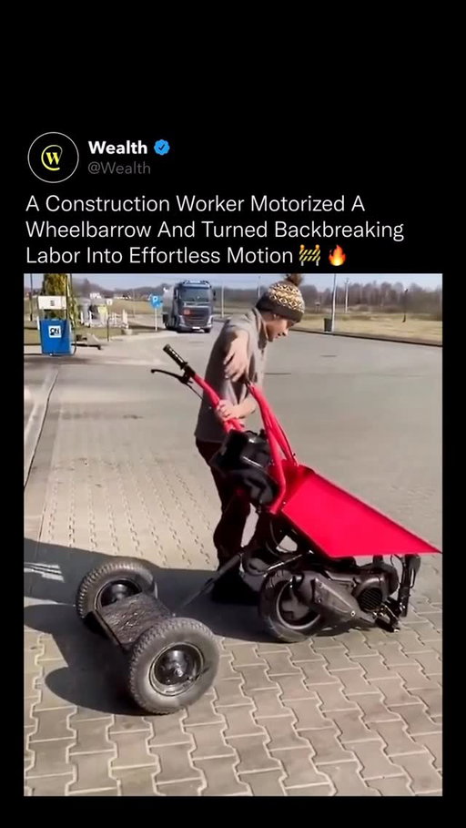 This simple modification completely changes how heavy loads will now be moved on his job sites ⚙️🔥

By integrating a compact motor, drivetrain, and powered rear axle into a standard wheelbarrow frame, manual pushing is replaced with controlled propulsion. The motor handles forward motion while the operator focuses on steering and balance, dramatically reducing strain on the lower back, arms, and knees.

Because torque is delivered directly to the wheels, heavier loads can be transported with far less effort, even across uneven ground or slight inclines. What normally requires repeated stops, repositioning, and brute force becomes a smooth, continuous movement.

The efficiency gain is massive. Fewer trips, heavier payloads, less fatigue, and faster material transport. This is not about speed, it is about conserving energy over an entire workday and extending how long someone can work safely and consistently.

Small mechanical upgrades like this reshape how individual workers operate by turning physical limits into solvable engineering problems.

Love Technology? Follow @Wealth 🌟

#construction #engineering #innovation #technology #tools