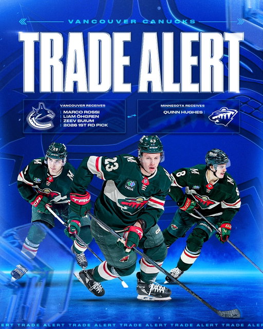General Manager Patrik Allvin announced today that the #Canucks have acquired forwards Marco Rossi and Liam Öhgren, defenceman Zeev Buium and a first-round pick in the 2026 NHL Entry Draft from the Minnesota Wild in exchange for defenceman Quinn Hughes.