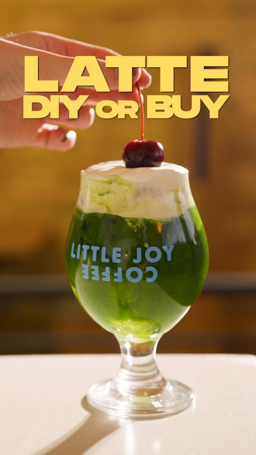 save 9 cents and make this one at home!

Ginger Beer Matcha Recipe

Lemon Cream Top:
(Makes 2 servings)

1/2 tsp lemon extract
20g sugar
20g whole milk
80g heavy cream
(Optional: 1tsp lemon juice for a little zing)

Add all ingredients to your favorite mixing glass and whisk with a hand frother until cream is stiff but still pourable. 

Matcha:
5g matcha powder (Serena said 6, but she meant 5g. We all make mistakes)
50g hot water (about 175F)

Whisk matcha and water until smooth and frothy w/ no visible clumps.

Drink Build:

In a 16oz glass, add ice, 7oz ginger beer or ginger ale, and your matcha. Top with lemon cream to and a maraschino cherry. Serve layered, with a straw for stirring.