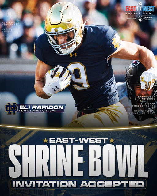 Invitation Accepted

Notre Dame TE Eli Raridon has officially accepted his invite to the East-West Shrine Bowl! ☘️

#GoIrish | #ShrineBowlWHOSNEXT 😎