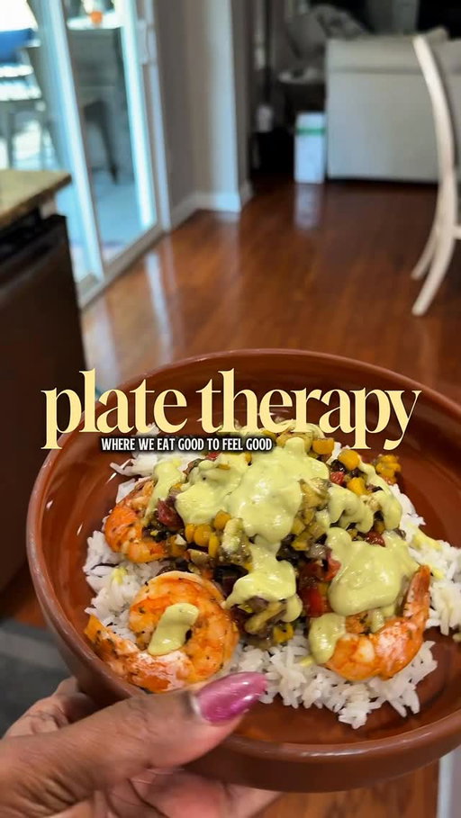 I know you were trying to figure out what to cook tonight, so I got you! Here’s what I make when I want something high in protein, delicious, but also super easy. 

And y’all already know I don’t use measurements, so you’re gonna have to measure with your heart, listen for the ancestors or something 😂 

[SAVE & SHARE this recipe]

CORN AVOCADO SALSA

Ingredients:
	•	Cherry tomatoes, quartered
	•	1 red onion, diced
	•	1 avocado, diced
	•	1 bag fire roasted corn (I use Pura Vida)
	•	Salt, pepper, garlic powder, lime pepper, sugar, olive oil, lemon juice

Directions: Cut up all your veggies, season generously with everything listed above, mix it together, and taste it. Adjust until it’s seasoned to your liking.

AVOCADO CREMA

Ingredients:
	•	1 small avocado
	•	3 tablespoons cottage cheese
	•	1-2 tablespoons sour cream
	•	Squeeze of garlic paste
	•	3 garlic cloves
	•	Olive oil
	•	Lemon juice
	•	Worcestershire sauce
	•	Seasonings: salt, pepper, paprika, lime pepper
	•	Herbs: cilantro, green onion

Directions: Blend everything together and taste until it’s perfect.

ASSEMBLY

Cook some jasmine rice. Sauté your shrimp (seasoned to your liking) for about 2 minutes on each side until done. 

Build your bowl: rice, shrimp, corn avocado salsa, then drizzle that avocado crema on top.

Trust me, this is gonna be in your weekly rotation. So good, so easy, and still pretty healthy.​​​​​​​​​​​​​​​​ I’m not a leftovers girl, but I ate this 3 days in a row- make it!