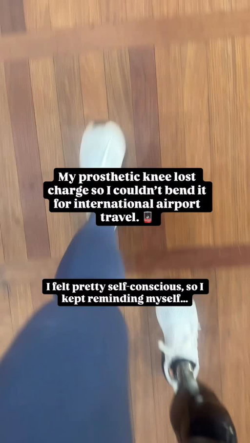 Can’t lie, this made me feel pretty self-conscious. I’m used to feeling strong and capable, and have worked hard to improve my limp in recent years.

Now, I had to limp VERY noticeably in front of a whole lot of people for an extended period of time, and it brought me back to feeling pretty self-conscious.

For an amputee who knees to hear this, or just maybe for someone who can release to these thoughts…here’s a mini life reminder I got today.

By the way, I got a charger once I reached my destination. After posting the situation on my story, an amputee saw and reached out to help, and brought me an extra charger to borrow during my stay. 🥹❤️
