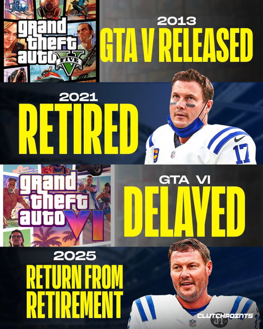 In the time it takes Rockstar to drop a new GTA, an NFL career can end and somehow restart. 

We’re still waiting on GTA VI. 

Meanwhile, Philip Rivers retired after the 2020 season, spent nearly five years away from football, and is now back under center in 2025. 

That’s not normal. 

But what opened the door wasn’t some master plan; it was chaos. 

Daniel Jones suffered a non-contact Achilles tear.

But QB2 was also injured.

During a routine workout, Anthony Richardson ended with a fractured eye socket due to a snapped exercise band.

He required surgery, and he is not ready to play.

And suddenly the Colts were calling a quarterback who hadn’t taken a real snap since January 2021. 

The comeback itself is wild. 

But the subtext is wilder. 

Not long ago, Anthony Richardson was drafted as the future. 

And yet when Daniel Jones went down, the league didn’t ask “what about AR?” 

The conversation skipped straight to Rivers. 

That says everything.

And it seems like you can reboot a QB career faster than the release date of GTA VI.