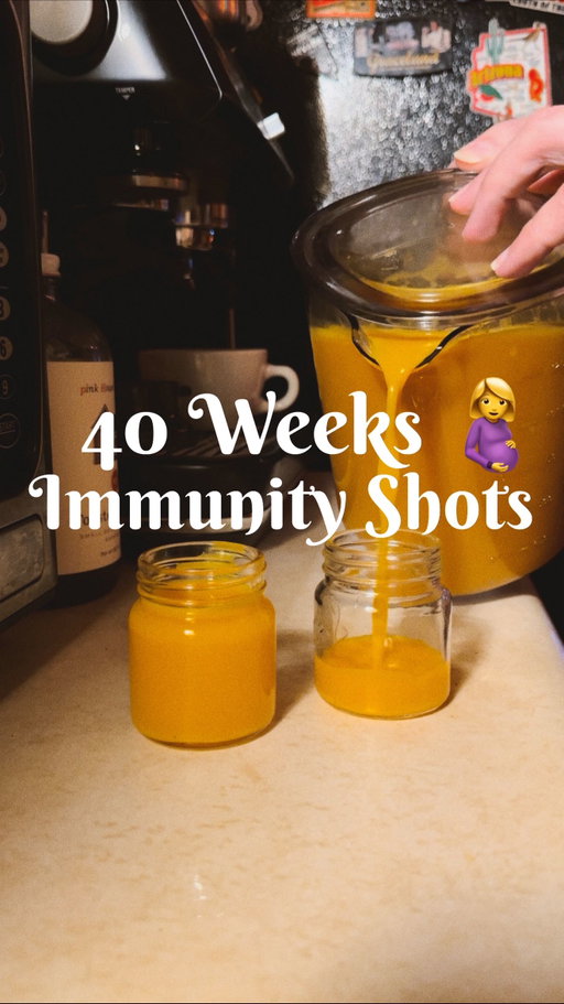 Thank God I slept last night, this cold has been kicking my butt! I had enough energy on this MY DUE DATE to make these potent immunity shots and I’m hoping they help me get over this bug entirely before the baby comes!! The main benefits of this recipe are: it is anti-inflammatory, antimicrobial, immunity boosting, enhances circulation, loosens/drains congestion, throat soothing and supports gut health. I can tolerate the flavors a bit better than Steve (as you can see at the end 🤣), but I’ll give a warning, it is SPICY even without cayenne due to the amount of ginger!!! Let me know if you try this, or if you already make this potion yourself! I also love how much money is saved DIYing it. I’ve seen little 1.5 oz bottles of this go for $4+ at the grocery store. 🤭

How I make it:

Juice about 6-8oz washed organic ginger root + 6-8oz washed organic turmeric root + about 3lbs roughly peeled lemons

Add half the juice to a blender + about 2tbsp organic raw honey (or more if you like it sweeter) + as much cayenne as you can tolerate (I do 1-2tsp)

Blend + add back to the pitcher, and stir. Top up with water if you want to dilute it a little bit! 

Store in the fridge, but do a shot immediately as a reward for all your hard work. Cheers!! 🥰❤️🤰