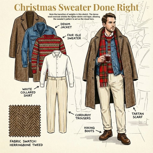 Le pull de Noël version adulte : comment porter le Fair Isle sans ressembler à un catalogue.
Le Fair Isle a mauvaise réputation. Trop souvent associé aux pulls moches, il finit au fond du placard après le 25 décembre. Pourtant, c'est un des rares motifs qui traverse les décennies — à condition de savoir l'encadrer.
Le pull ne doit pas être seul. Superposé sur une chemise blanche qui dépasse à l'encolure, il reste ancré dans un registre soigné. Sans elle, il bascule en mode "dimanche matin".
La veste en jean casse le côté trop appliqué. Le denim apporte une dimension workwear qui équilibre le motif traditionnel.
Le manteau tweed chevrons et revers généraux structure l'ensemble.
L'écharpe tartan fait écho au rouge du pull sans le copier. Le pantalon velours côtelé blanc cassé allège tout.
Résultat : un pull festif portable au marché de Noël comme à un dîner entre amis sans avoir l'air de s'être trompé d'occasion.
🎄 Tu veux le guide "Bien s'habiller pour les fêtes" (méthode + checklists + 50 planches illustrées) ? Commente CHRISTMAS pour être informé

The grown-up Christmas sweater: how to wear Fair Isle without looking like a catalogue.
Fair Isle has a reputation problem. Too often associated with ugly sweaters, it ends up buried after December 25th. Yet it's one of the rare patterns that transcends decades if you know how to frame it.
The sweater shouldn't stand alone. Layered over a white button-down that peeks at the neckline, it stays anchored in polished territory.
The denim jacket creates a break. It disrupts the too-studied look a sweater under a dressy coat might create. Denim brings workwear balance.
The overcoat structures everything. A herringbone tweed with generous lapels frames the silhouette.
The tartan scarf echoes the sweater's red without copying it. Off-white corduroy trousers lift the whole thing.
Result: a festive sweater you can wear to the Christmas market or a dinner without looking like you showed up to the wrong event.
🎄 Want the "Dress well for the holidays" guide (system + checklists + 50 illustrated boards)? Comment CHRISTMAS below to get early access

#FairIsle #PullDeNoël #StyleHiver #TenueFêtes #ModeMasculine #Layering