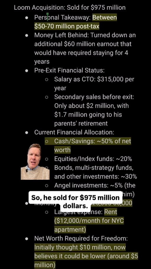 My buddy Vinay founded Loom and shared his personal finances with me. 

I've done about 50-70 of these interviews and I'm posting a bunch of them here but I've compiled all of them including this one into a document that is free and super easy to read 50+ successful founders. 

Comment “yes” and I’ll DM you it.