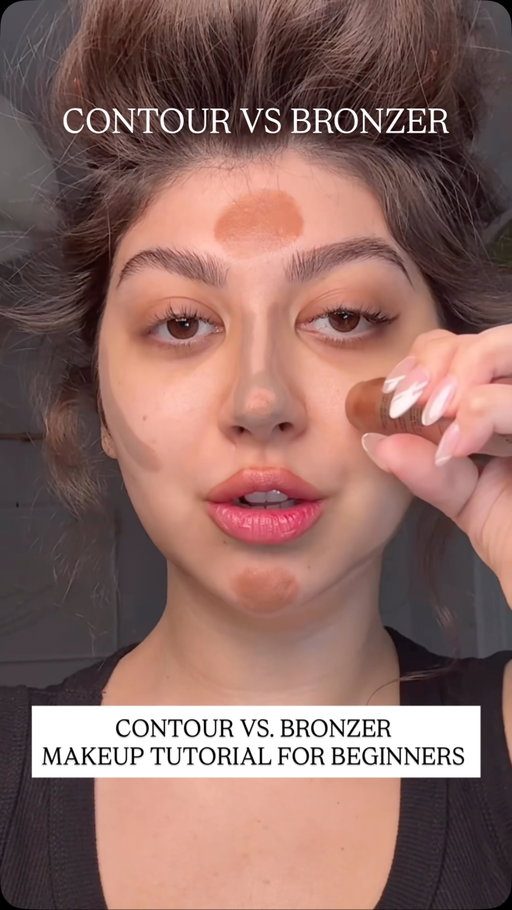 in makeup school this is how we teach you the difference between BRONZER VS. CONTOUR not only should you know that they are not the same but how to use them. one is for a contouring and giving your bone structure and the other one gives you a sunkissed warm makeup look The formula of these makeup products are also different. It should be blendable vs thick easy viral beginner makeup tutorial
My contour stick is @hauslabs @ladygaga a precision sculpt shaping balm contouring my bronzer is multitasker bronzer stick @rimmellondon @rimmellondonus 
My makeup brushes for blending @milkmakeup @kyliecosmetics 
.
.
من در اين ويديو درباره تفاوتهاى كانتور وبرنزر صحبت مى كنيم ونحوه استفاده صحيح از آنها براى ايجاد يك ظاهر افتاب خورده وطبيعى و زاویه سازی را آموزش مى‌دم
.
#makeup #makeuptutorial #contour #contourtutorial #makeupforbeginners ginners