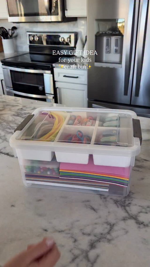 A craft bin is an easy and super practical gift for kids of any age! Comment “craft bin” and I’ll message you everything I used to put this one together.

You can easily customize this gift based on what they currently love to create! I filled my girls’ bin with different types of paper, felt, foam paper, pipe cleaners, pom poms, glitter glue, and fun scissors and hole punches. They have another bin already that is filled with different types of drawing utensils so I didn’t add any new ones. 

Here are some other ideas for craft bins: a play dough bin, painting supplies, jewelry making, sewing supplies, the ideas are truly unending! It’s a perfect thoughtful gift while still being so easy to put together! So if you’re still trying to come up with last minute ideas for Christmas, this is a great one!

#christmasgiftidea #christmasgiftforkids #craftinggift