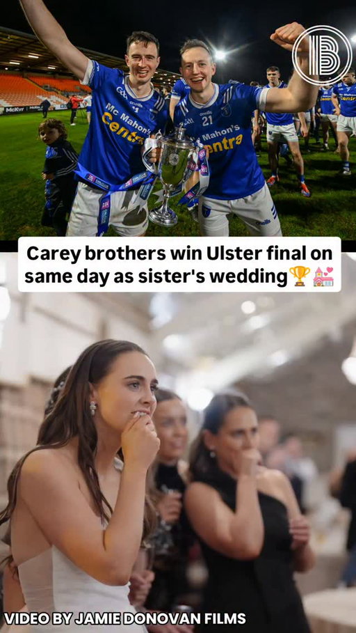 After Scotstown's famous Ulster final win on Saturday evening, Rory Beggan made a point of celebrating the sacrifice of Jason and Shane Carey, who missed the wedding of their sister Laura, who was married that same day. 

Amazingly, footage of the wedding party nervously watching the tense final moments of the match - and the emotional celebrations that followed - have been shared online. 

These were absolutely beautiful scenes captured by @jdonovanfilms. Jason and Shane both attended the wedding mass before linking up with the Scotstown team for the match in Armagh and then rejoined the wedding for the celebrations after the game.

The Carey's have a lot to celebrate this week! 

📹@jdonovanfilms