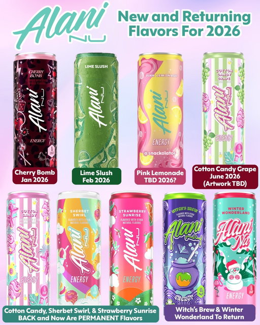Alani Nu is about to go WILD in 2026 with new flavors and some favorites coming back PERMANENTLY!

Cotton Candy, Sherbet Swirl, and Strawberry Sunrise are rolling back into stores now and they are part of the *permanent* lineup.

Then in January we're getting Cherry Bomb which is *speculated* to possibly be a cherry cola flavor followed up by Lime Slush in February.

Then in June thanks to @hvvy_httr (a great account for energy drink lovers!) we know Alani Nu is bringing a Cotton Candy Grape flavor that may or may not be the same as the previous release.

There's also an image floating around for a new Pink Lemonade flavor that might be a return of Kimade, but outside of this image there's no entry on the release calendar so it might be a retailer exclusive or maybe it got canceled - I'll keep you posted.

Then both Witch's Brew and Winter Wonderland are both set to return again in 2026 although the artwork might change.

Also noting here that the Lime Slush and Pink Lemonade images are cleaner mockups from the images that were posted online and the Cotton Candy Grape is a super crude mockup and if you want to see a better one check out @sodaseekers (another great soda/energy drink account) as his mockup image looks *way* nicer than this one.

Which flavors are you excited to try?