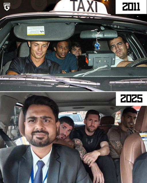 Year 2011: Real Madrid stars Marcelo, Kaká, and Cristiano Ronaldo got into a random taxi and gave us this iconic photo 👀

Year 2025: During a visit to Kolkata, a tour guide captured a once-in-a-lifetime moment with Lionel Messi, Luis Suárez, and Rodrigo De Paul all in the frame 😅