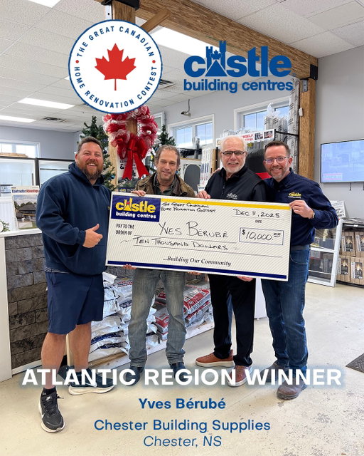 Chester Building Supplies in Nova Scotia was thrilled to present the Atlantic Winner, Yves Berube with his $10,000 Great Canadian Home Renovation Contest prize!

The winner also happens to be a well-known artist who has designed over 25 coins for the Royal Canadian Mint. Yves is looking forward to putting the winning Castle $$ towards a reno project this Spring.

Congratulations!