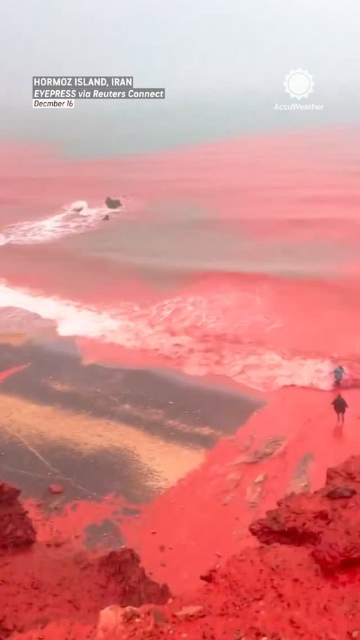 You've gotta see this incredible phenomenon on Hormuz Island in Iran, rain mixes with iron oxide in the soil, and the runoff turns the ocean tide bright red.