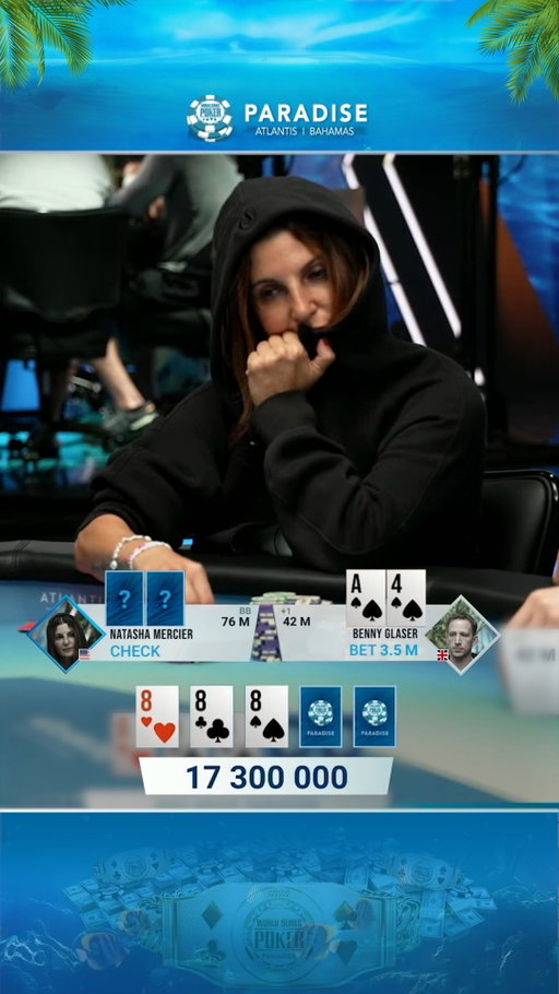 She fires away!

Last woman standing @natasha_mercier forces @bennyglaser_ to make a decision for his tournament LIFE in the $25,000 WSOP Super Main Event!

Is she ahead? Will he make the call?

#poker #pokerpro #pokergirl #pokerplayer #pokertournament #pokerlife #wsop #wsopparadise #bahamas