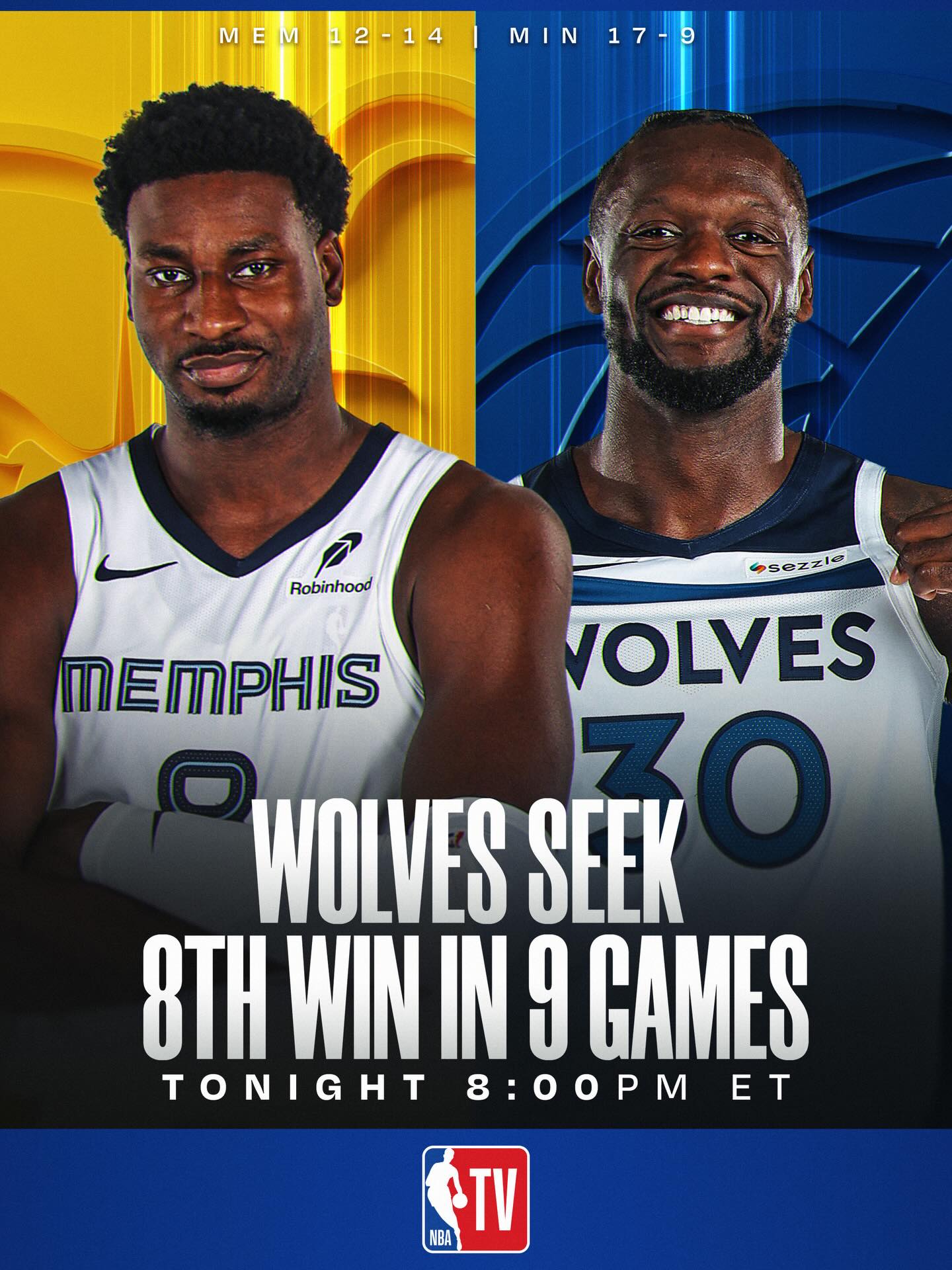 Julius Randle (23.1 PPG) and the Timberwolves go for their 8th win in 9 games as they host Jaren Jackson Jr. (31 PTS last game) and the Grizzlies! 📺 8:00pm/et, NBA TV