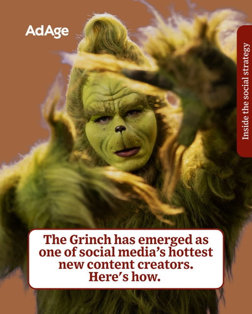 The Grinch has recently emerged as one of social media’s hottest new content creators, dancing to NSYNC’s “Bye Bye Bye,” staging a parody episode of the hit YouTube interview series “Hot Ones” and weighing in on the final season of “Stranger Things.”

Ad Age’s Gillian Follett offers a glimpse into the Grinch’s online antics. ➡️

Swipe to see how Dr. Seuss Enterprises and its creative agency, @notcounsel, approach leveraging classic characters as stars of a fast-growing, social-first entertainment franchise.

📲 Read about the full campaign at the link in our bio. 🔗
