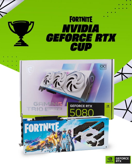 This Sunday: NVIDIA GeForce RTX Cup!⁣
⁣
Compete Solo in Battle Royale for cash prizes and a chance to win one of 12 RTX 5080 Fortnite-branded graphics cards 😏