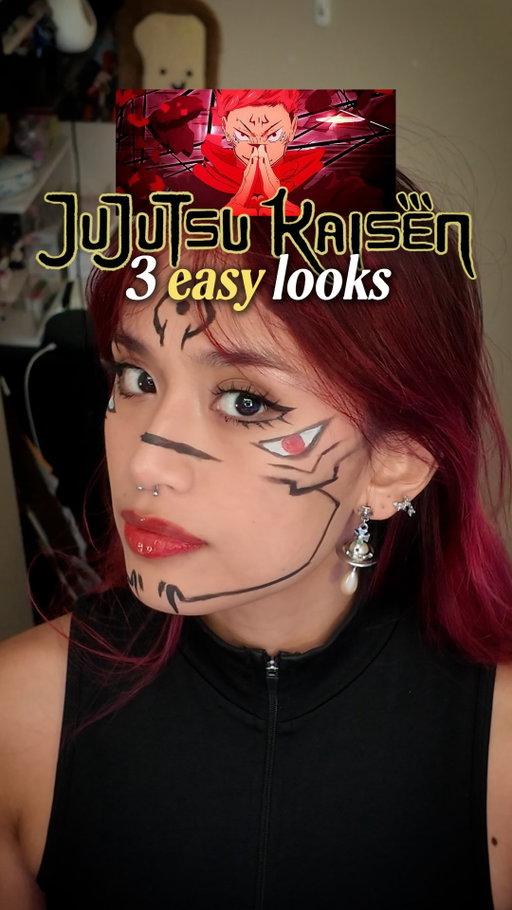EASY JJK COSPLAYS ALERT ‼️ this video has 3 super easy and beginner friendly cosplay / makeup looks to recreate with things you probably already have (or have similar products to use!) i’m a big big fan of @ucanbemakeup‘s planetoid facepaint palette, but you can absolutely use your go-to eyeliner/eyeshadow for a lot of these looks in replacement of the facepaint! 

while halloween is a few.... months away, SAVE THIS VIDEO because it’s the perfect perfect last minute cosplay / halloween makeup guide for the indecisive girlies (me) BECAUSE i was able to film, edit, and complete these looks all on the SAME DAY! each look took around 30 mins but sukuna took closer to an hour! i wish i had a diff wig for the third look but thats how it be when its truly a last minute cosplay LOL let me know which one is your favorite and any looks you wanna see in the future ❤️ 

face paint @ucanbemakeup 
eyeliner @nyxcosmetics_canada 

base makeup
liquid blush @ysl in shade 44
@elfcosmetics cream glide lip liner in mauve aside
@canmake_usa highlighter & marshmallow cushion
@dasique_official pure water lip gloss in 07 soft fig
@unleashia glitterpedia eyeshadow palette

#jjk #jujutsukaisencosplay #jujutsukaisenanime #sukunacosplay #mahito 

ryomen sukuna, ryomen sukuna makeup tutorial, sukuna makeup tutorial, sukuna cosplay, mahito makeup, mahito cosplay, mahito tutorial, choso makeup, choso cosplay, choso tutorial, jujutsu kaisen inspired makeup looks, anime inspired makeup, jujutsu kaisen makeup tutorial, jujutsu kaisen cosplay, jujutsu kaisen cosplay tutorial, cosplay makeup tutorial, last minute cosplay, last minute halloween, last minute halloween ideas, halloween looks, easy halloween makeup, easy cosplay makeup, cosplay guide, makeup guide, easy cosplay makeup, cosplay guide, makeup guide, cosplay facepaint, face paint tutorial, face paint looks, toronto cosplayer, easy jjk looks, closet cosplay