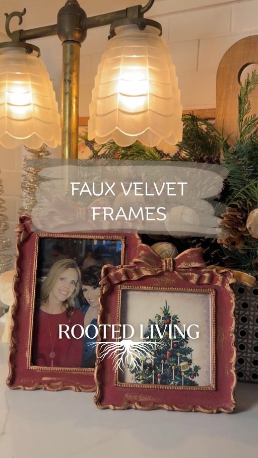 After loving the faux velvet ornaments we shared last week, I decided to try the same technique on a few picture frames. I used wet paint mixed with baking soda to create that soft, velvety texture, and once it dried, I added a little Rub ’n Buff to the edges for a beautiful antique finish.

I popped in some favorite photos, and they turned out fantastic. I love when one craft inspires another—simple, handmade details that add character to our home.  I hope you give it a try.  #diy #velvet #rootedliving #craft #frames