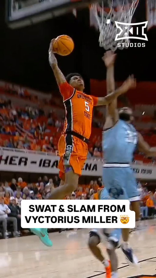 🚨 DON’T JUMP 🚨 

Swat & Slam from Oklahoma State’s Vyctorius Miller to close out Thursday night’s victory ✌️ 

#Big12MBB | @osumbb