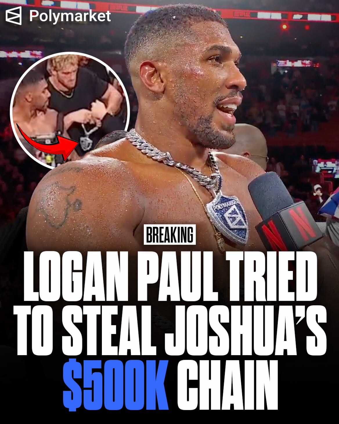 This is crazy: After Anthony Joshua knocked out Jake Paul, Logan Paul jumped in the ring and tried to snatch Anthony Joshua’s $500k chain before Joshua’s post fight interview…

Joshua’s team got the chain back and put it on AJ as he officially called out Tyson Fury 😤