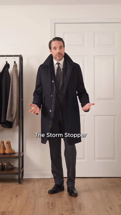 Our organic, breathable wool jacket that still stands up to real weather, crafted to deliver true protection without ever looking like technical outerwear. The Storm Stopper is cut from @loropiana’s Super 150s twill Storm System in solid navy, so you get the natural hand, drape, and thermoregulation of a dense luxury fabric, paired with membrane technology designed to help resist wind and rain. It’s the rare outer layer that reads refined in the city and performs when conditions turn.

Key Features:
- Loro Piana Storm System Super 150s twill with an impermeable membrane for versatile, all-weather wear
- Storm front flap closure for added coverage in wind and rain
- Mac-style collar / stand collar with throat latch to seal in warmth when you need it
- Wrist adjusters to keep the elements out and the silhouette clean
- Double-entry pockets—easy access plus a secure compartment for valuables
- 3/4 length with center back vent + back action pleat for mobility without sacrificing coverage
- Double zipper for easy access to trouser pockets
- Removable quilted lining for adaptable warmth across seasons

All-Weather Performance:
Unlike most rain jackets, this isn’t a slick, synthetic shell. It’s a dense, breathable wool twill with Storm System® technology—so it feels organic on the body, regulates temperature naturally, and still stands up to the elements when conditions turn.

Real-World Versatility:
Wear it over a suit on the commute. Throw it on with denim for an unplanned weekend. Pack it for travel when you need one piece that can handle the full range of your day, without ever looking like “performance gear.”