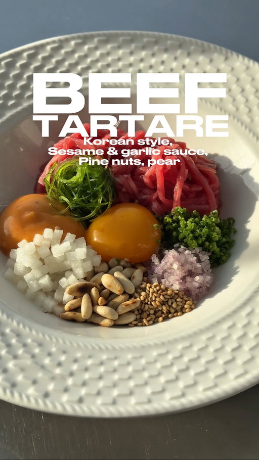 Korean inspired tartare 🔥

Kind of, not fully traditional. It’s kind of a mix between French classic tartare and Korean tartare. 

Gochujang mayo, Korean pear, chives, shallots, sesame, pine nuts, yolk, pepper, spring onions, and the meat is served very cold, almost frozen🤌

With a sweet & garlicky sesame vinaigrette 

Plating Inspo chef @thomas_salent 🫶

Track ID 💿: Hi-Fi set - Sky restaurant 

#tartare #koreanfood #aesthetic #snack