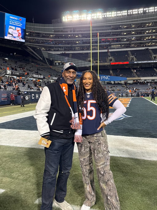 Permanent chills after last night. 🥹 Surprised my dad wearing his jersey on the field where he won a Super Bowl and that’s 100% a new core memory. I never got to see him play but I’m so grateful I get to experience these moments with him now. BEAR DOWN! 🐻💙🧡
.
.
.
 #chicago #chicagobears #beardown