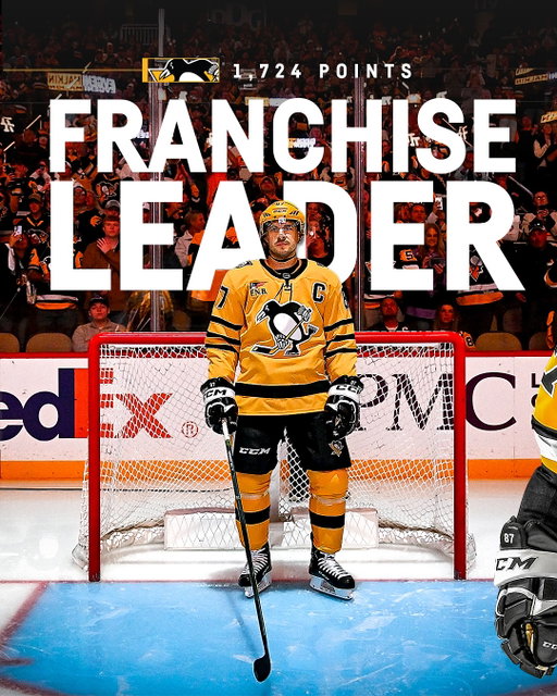 Standing alone at the top of franchise history.

Sidney Crosby is the new @penguins all-time points leader, surpassing Hall-of-Famer Mario Lemieux (1,723).