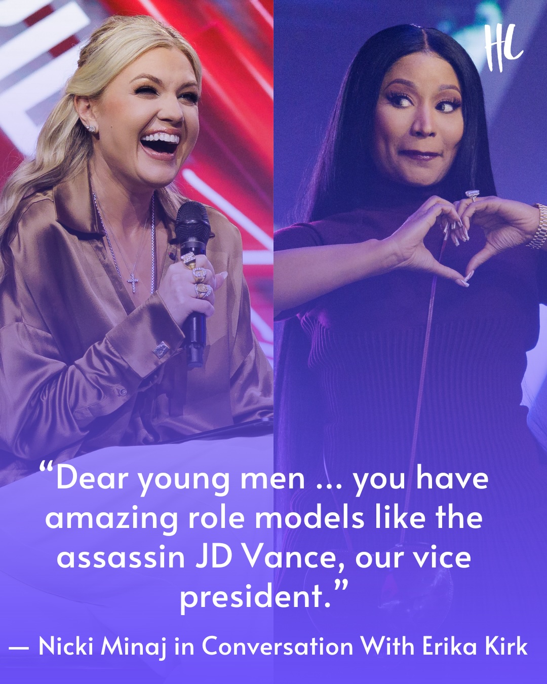 While speaking on stage with Erika Kirk at Turning Point USA's AmericaFest event, Nicki Minaj praised Vice President JD Vance as an "assassin." 

"Dear young men, you have amazing role models like our handsome, dashing president, and you have amazing role models like the assassin JD Vance, our vice president," the "Starships" rapper said. 

While seemingly realizing her slip-up, Erika chimed in to reassure her. She said, "Trust me, there's nothing new under the sun that I have not heard. So you're fine." (📸: Getty Images)