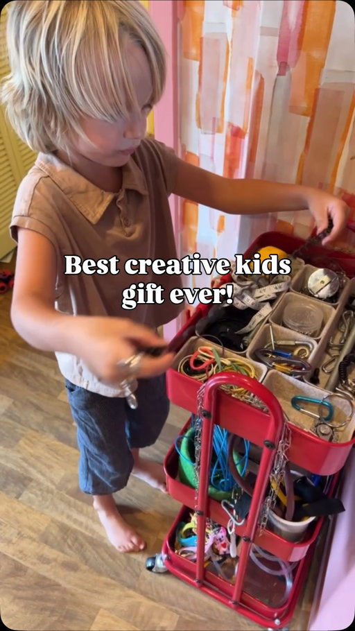 This kit as made for many hours of #screenfree independent creative kid play!

Last minute gift idea hack!

Make your own DIY Invention Kit! We used a simple 3-tier metal rolling cart and stocked it with a variety of items from the hardware store:

- cotton rope 
- small pulley
- clips 
- hooks
- rubber bands 
- velcro 
- pieces of lightweight chain
- magnets 
- small bungee cords 
- random items from around the house like springs, key chains and mason jar lids 

Great screen free play option!