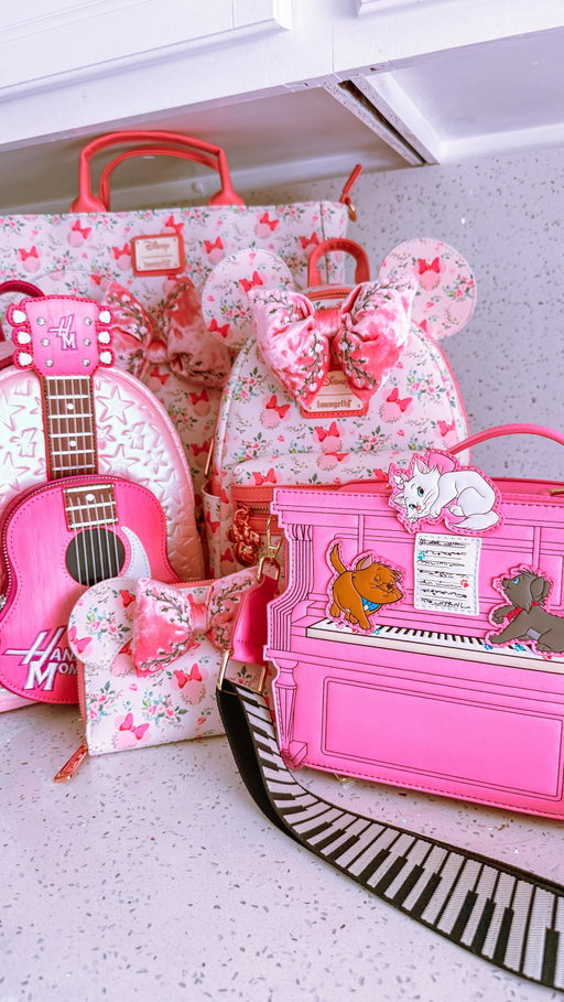 Outfit inspo for pink @loungefly bags!! The Aristocats, Hannah Montana, and floral Minnie! All available online at Loungefly.com! #LoungeflyPartner #WearWhatYouLove #LFHolidayHaul