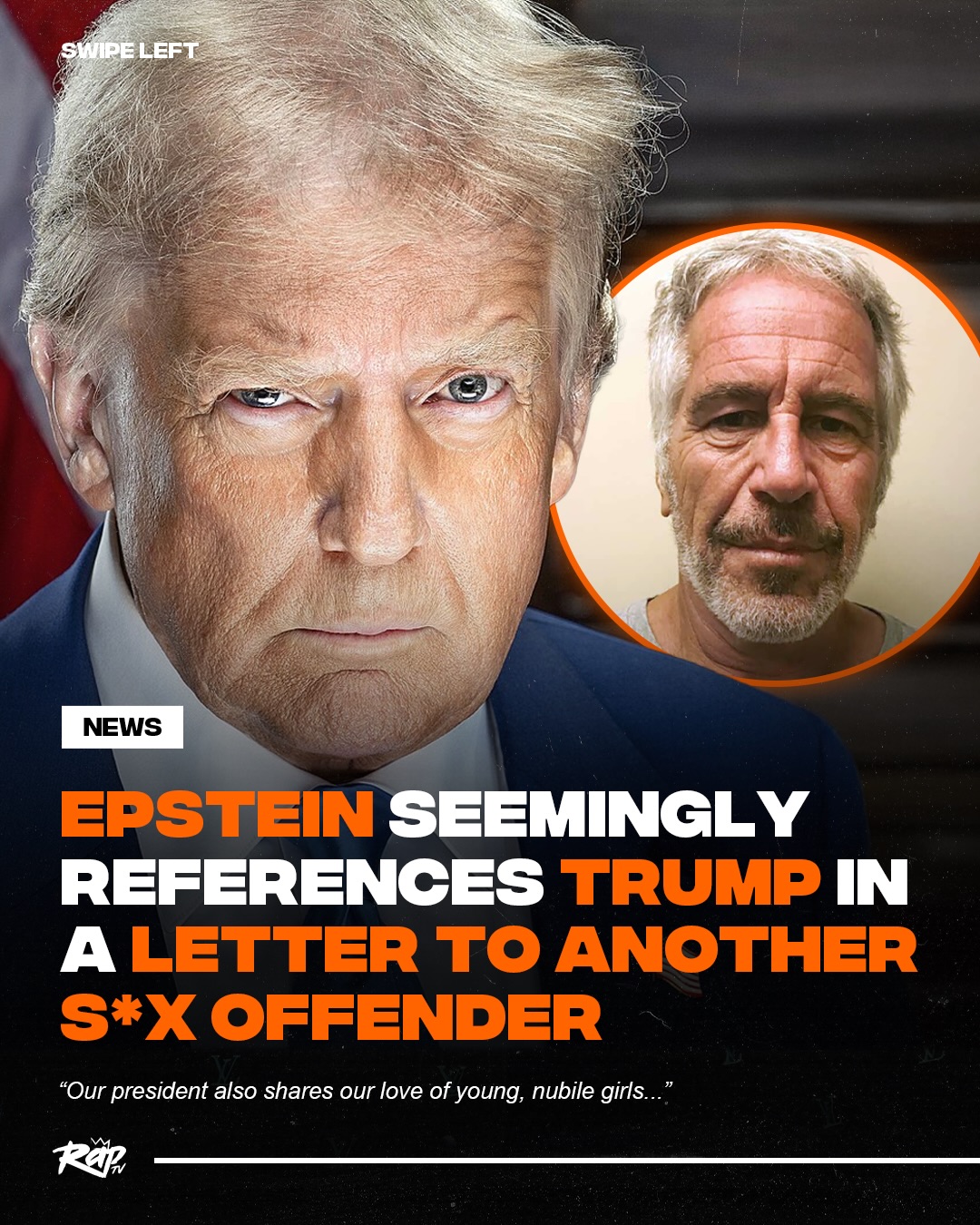 In a newly released document, there’s a letter that Jeffrey Epstein wrote to fellow s*x offender Larry Nassar. It seemingly makes reference to Donald Trump:

“Our president also shares our love of young, nubile girls. When a young beauty walked by he loved to “grab snatch,” whereas we ended up snatching grub in the mess halls of the system.

Life is unfair.

Yours
J. Epstein”

The images of the letter appear in files EFTA00036086 and EFTA00036085 released by the DOJ. 

The postcard was postmarked August 13, 2019, three days after Jeffrey Epstein’s death on August 10, 2019.