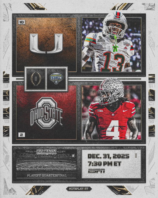 Closing out 2️⃣0️⃣2️⃣5️⃣ with the Buckeyes and Canes in the CFP Quarterfinal. 🏈

#CFBPlayoff x #GoodYearCottonBowl