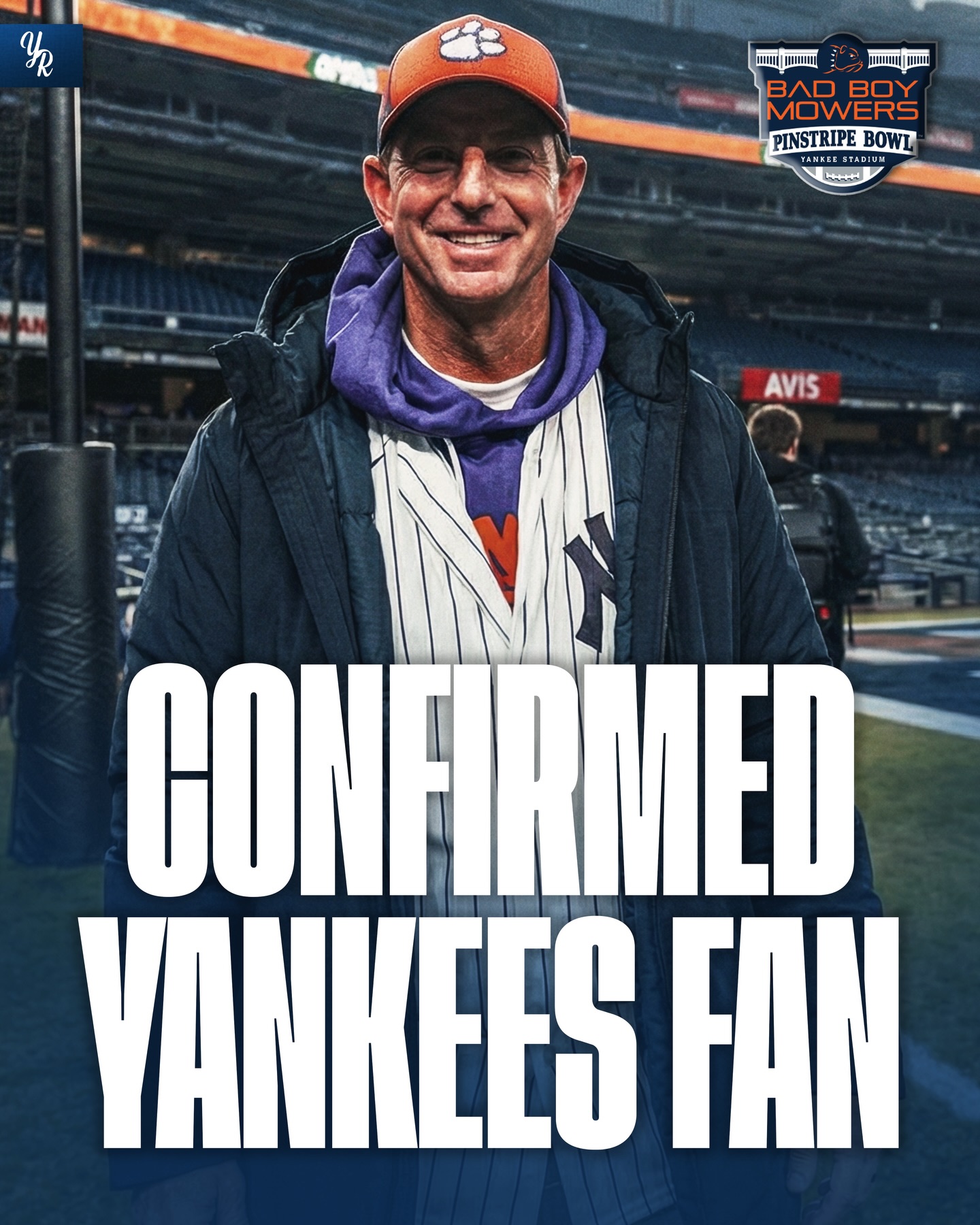 Clemson has arrived at Yankee Stadium ahead of Saturday’s Pinstripe Bowl against Penn State!

Head Coach Dabo Swinney says that he “dreamed of playing shortstop at Yankee Stadium” as a kid from Alabama 👀

Who you got on Saturday?