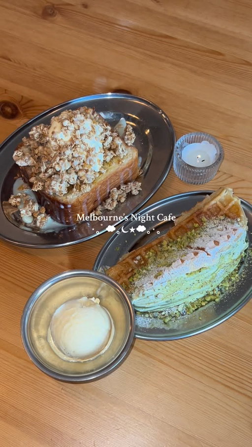 Finally found a café in Melbourne that’s open at night 🌙☕️ @palette.atnight 

📍Palette At Night, 610 Queensberry St,
North Melbourne VIC 3051 (opens
19:00-23:00)

What we got:
🍯🍞 Honey mascarpone brioche french
toast
🥐🧇 Pistachio croffle
(Self-funded)

#melbournecafes #melbournefood #melbournedesserts
#melbourneeats #melbfoodie #melbournecafe #nightcafe #cafehopping #melbournefoodie #melbournefoodblogger #koreancafe