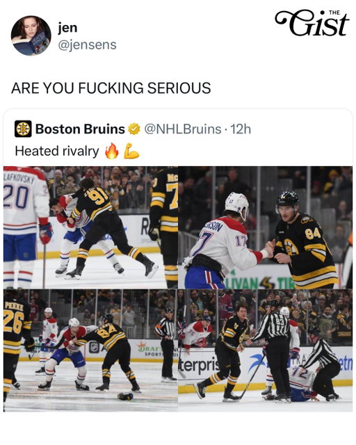 When life imitates art. 😩⁣
⁣
The Montreal Canadiens faced off against the Boston Bruins at TD Garden on Tuesday night and we got ourselves a real heated rivalry on the ice. ⁣
⁣
Montreal pulled away with a 6–2 win, scoring five straight goals — four of them in the third period alone. 👏⁣
⁣
Nick Suzuki, Juraj Slafkovský and Ivan Demidov each recorded a goal and an assist, while Cole Caufield and Slafkovský also found the back of the net as part of the six-goal outburst. Jacob Fowler stopped 26 shots, improving to 3–1–1 through five starts to begin his NHL career. 🔥⁣
⁣
But the moment that had the internet buzzing came when Tanner Jeannot dropped the gloves with Josh Anderson — and the Bruins followed it up by tweeting “Heated Rivalry” alongside shots from the fight. Need Ilya and Shane’s reactions to this ASAP. 🤩⁣
⁣
Shoutout to the admin who gave us this. 😭⁣
⁣
(c/o bostonbruins)⁣
⁣
⁣
#menssports #hockey #nhl ⁣