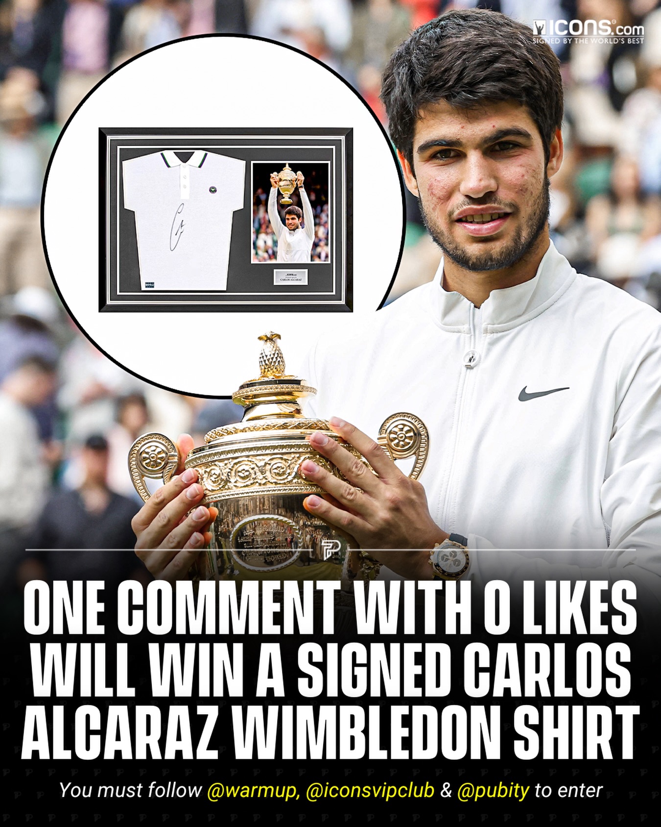 🎁 𝐂𝐇𝐑𝐈𝐒𝐓𝐌𝐀𝐒 𝐆𝐈𝐕𝐄𝐀𝐖𝐀𝐘 🎄🥳 

We’re giving away an official Carlos Alcaraz Signed Wimbledon jersey from Icons.com’s exclusive collection 🎾🇪🇸

To enter:

1.⁠ ⁠Comment on this post (unlimited entries)
2.⁠ ⁠Follow @warmup, @iconsvipclub & @pubity 🤝

Winner will be contacted via DM on 16th February. Good luck! 🙌