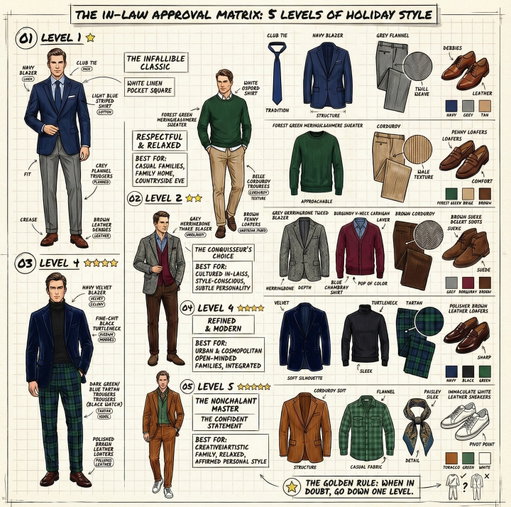 Le dress code familial est un exercice d'équilibriste : montrer du respect sans paraître rigide, exprimer sa personnalité sans choquer. Voici 5 options, du classique au contemporain.
1. Le Gendre Parfait
Blazer marine + pantalon gris + cravate club. La valeur sûre. Le dépareillé qui inspire confiance sans l'autorité d'un costume complet. Idéal pour une 1è rencontre.
2. Le Diplomate Décontracté
Pull vert sapin + pantalon velours côtelé beige. Sans veste, mais le col de chemise signale l'effort. La couleur festive reste sobre.
3. Le Spécialiste des Textures
Blazer tweed + cardigan bordeaux + chambray + velours côtelé. Chaque couche de ce layering ajoute de la profondeur.
4. Le Dandy Moderne
Blazer velours marine + col roulé noir + pantalon tartan vert. Le velours adoucit la silhouette. Le tartan évoque Noël sans kitsch.
5. Le Maître Nonchalant
Costume velours côtelé tabac + chemise verte + foulard + sneakers blanches. Pour ceux qui assument leur style.
🎄 Le guide "Bien s'habiller pour les fêtes" est sorti ! Pour recevoir maintenant le lien, commente CHRISTMAS.

5 outfits for Christmas Eve at the in-laws' :from safest to boldest.
The family dress code is a balancing act: showing respect without appearing stiff, expressing personality without shocking.
1. The Perfect Son-in-Law
Navy blazer + grey trousers + club tie. The safe bet. The odd combination that inspires trust without a full suit's authority. Ideal for a first meeting.
2. The Cozy Diplomat
Forest green sweater + beige corduroy trousers. No jacket, but the shirt collar peeking out signals effort. The festive color remains understated.
3. The Texture Specialist
Tweed blazer + burgundy cardigan + chambray + corduroy. Smart layering: each layer adds depth.
4. The Velvet Dandy
Navy velvet blazer + black turtleneck + green tartan trousers. Velvet softens the silhouette. Tartan evokes Christmas without kitsch.
5. The Nonchalant Master
Tobacco corduroy suit + green shirt + scarf + white sneakers. For those who own their style.
🎄 The "Holiday Dressing Guide" is out! To get the link now, comment CHRISTMAS.

#MeetingTheInLaws #ChristmasOutfit #DressCode #MenswearGuide #FamilyChristmas #StyleAdvice