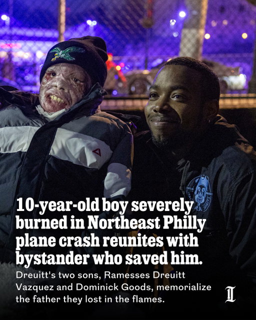 Ramesses Dreuitt Vazquez scooted his wheelchair on a Mount Airy playground, pressing the ground with his sneakers to approach the man credited with saving his life.⁠
⁠
Caseem Wongus had last seen the child staggering from a flaming car after a medical jet torpedoed onto Cottman Avenue in Northeast Philadelphia, blasting wreckage into the neighborhood around the Roosevelt Mall and killing all six passengers onboard.⁠
⁠
Now the 10-year-old Philadelphia boy smiled through his scars, reaching his arm out to greet Caseem. Wongus bent down and hugged him.⁠
⁠
“I’m glad to see him with his family and to see how well he’s doing — seeing him just trying to function as a kid again and scooting around in the wheelchair on the basketball court,“ Wongus said.⁠
⁠
Get the full story at the link in our bio.⁠
⁠
📝 by Wendy Ruderman / Staff⁠
📸 by Tyger Williams / Staff; Wendy Ruderman