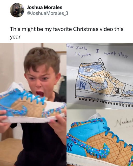 His parents took his shoe drawing and turned it into a REAL SHOE. 🥹❤️ (via @neeks_custom_sneaks, JoshuaMorales_3/x)