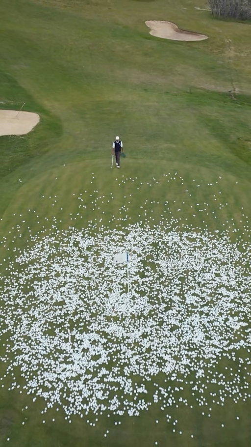 We really should have used AI for this...

Our Creative Director asked if we could cover this 250 m² green with golf balls. First, we had to do the maths 👇

1️⃣ A golf ball’s diameter = 42.67 mm (0.04267 m)

Footprint area = π × r² = 0.00143 m²
2️⃣ Divide the green by that area:

250 m² ÷ 0.00143 m² ≈ 174,825 golf balls

✅ Final Answer: about 175,000 balls to cover a green (no gaps). Spoilers, we failed. But we gave it a mighty good go, and with no special effects.