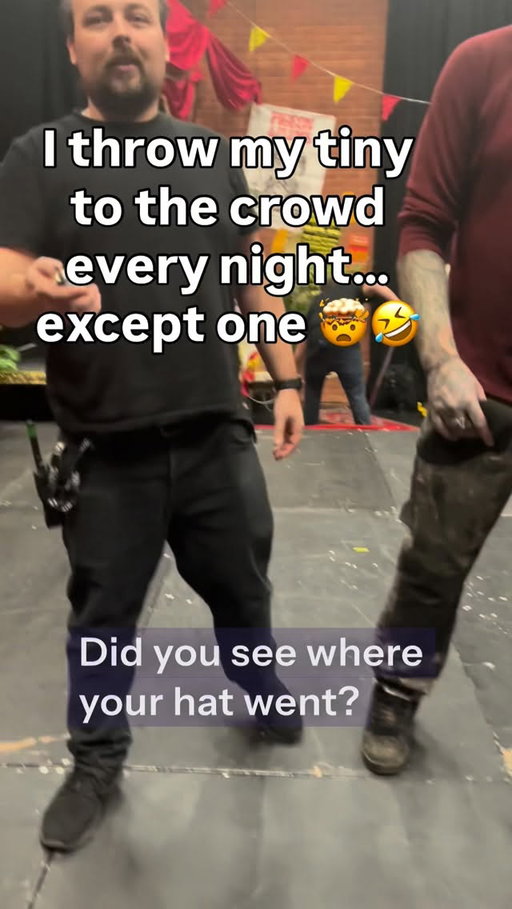 Genuine reaction caught while I was filming behind-the-scenes post show @pigeonandplums video. All hail the almighty deities of physics for this miracle 😅 #tinyhat #mishap #behindthescenes with Karl and @logy_on_fire
