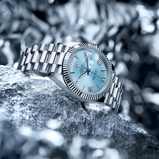 The boldest course. The @Rolex Day-Date 40 in platinum, 40mm case, ice blue dial, with a President bracelet. #Rolex #DayDate #OfficialRolexRetailer