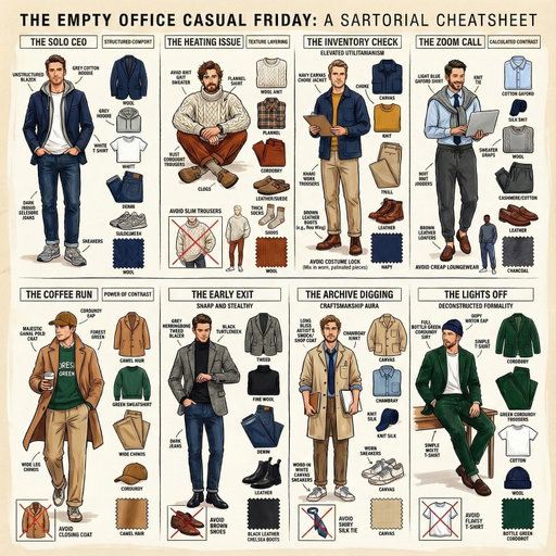 Les jours fantômes.
Entre le 26 et le 31 décembre, le bureau devient un lieu étrange. Le chauffage est baissé, le téléphone ne sonne plus, les néons clignotent pour personne. C'est le moment où le style devient purement personnel.
La règle d'or : le "High-Low"
L'idée est de mélanger une pièce structurée (blazer, manteau) avec quelque chose de délibérément décontracté (hoodie, sneakers).
8 situations, 8 solutions :
→ Solo CEO : blazer marine + hoodie gris + New Balance
→ Heating Issue : pull Aran + flanelle + velours côtelé
→ Inventory Check : chore jacket + pull moutarde + boots
→ Zoom Call : oxford + cravate en haut, joggers en bas
→ Coffee Run : polo coat ouvert + rugby + casquette
→ Early Exit : tweed chevrons + col roulé noir + Chelsea
→ Archive Digging : shop coat + cravate desserrée
→ Lights Off : costume velours côtelé + t-shirt + bonnet
Les erreurs fatales : le hoodie avec logo sport, le pantalon slim sous un pull volumineux, les chaussures marron clair avec du noir, le t-shirt qui baille au col.
C'est la semaine pour porter ce que vous n'osez jamais au bureau.
DM "NYE25" → 3 emails : tenues copiables pour le Nouvel An + checklists + pièges à éviter

The ghost days.
Between December 26th and 31st, the office becomes a strange place. The heating is down, the phone doesn't ring, the lights flicker for no one. This is when style becomes purely personal.
The golden rule: "High-Low"
Mix a structured piece (blazer, coat) with something deliberately relaxed (hoodie, sneakers).
8 situations, 8 solutions:
→ Solo CEO: navy blazer + grey hoodie + New Balance
→ Heating Issue: Aran sweater + flannel + corduroy
→ Inventory Check: chore jacket + mustard sweater + boots
→ Zoom Call: oxford + tie on top, joggers below
→ Coffee Run: polo coat open + rugby + cap
→ Early Exit: herringbone tweed + black turtleneck + Chelsea
→ Archive Digging: shop coat + loosened knit tie
→ Lights Off: corduroy suit + white tee + beanie
Fatal errors: sport logo hoodie, slim pants under bulky knitwear, light brown shoes with black, saggy t-shirt collar.
This is the week to wear what you'd never dare at the office.
DM "NYE25" → 3 emails: copy-ready NYE outfits + checklists + traps to avoid.