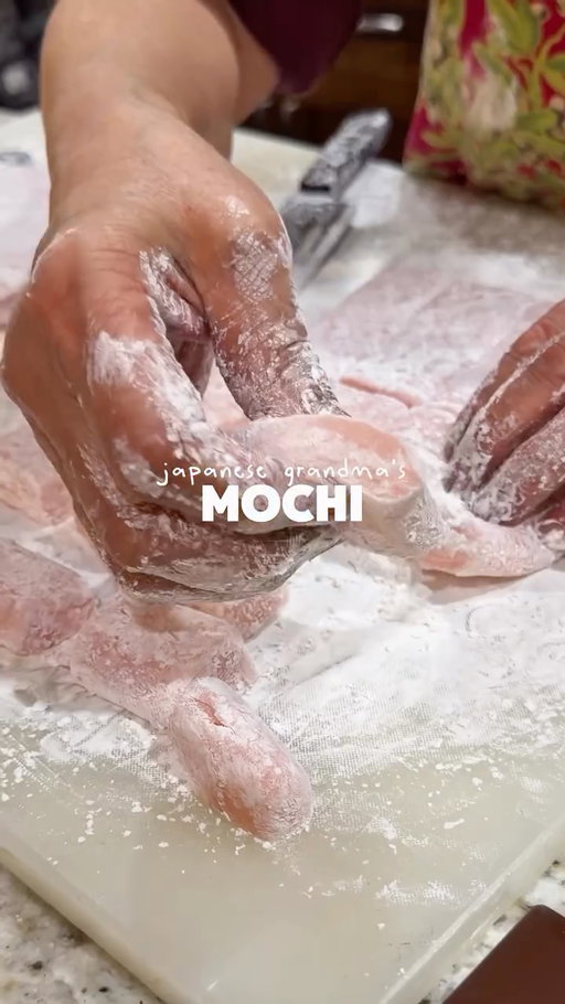 grandma makes suama (sweet mochi) every new years 💫 

this is a tutorial from grandma, against her will, sorry we love you so much🤍

also her glasses are @bruceeyewear

mix then steam for 20 min
1 box mochiko
2 1/2c cold water

heat 3c sugar + 3/4c water till candied 

slowly incorporate and pound together

oil and cornstarch a pan, place hot mochi in and rest foe 10 min before putting more cornstarch and cut!!