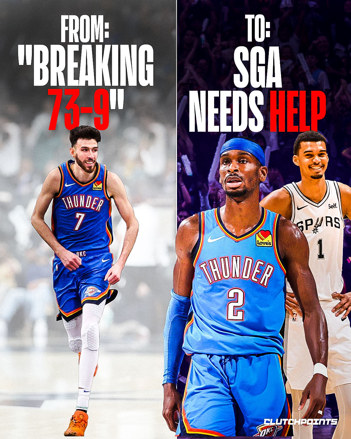 Funny how fast narratives flip.

The Oklahoma City Thunder went from:

“are they chasing 73–9?”
to
“does Shai Gilgeous-Alexander have enough help?”

And the turning point? One constant problem.

Victor Wembanyama.
Three matchups.
Three losses.
All against the Spurs.

Sometimes it only takes one matchup to rewrite the entire conversation.