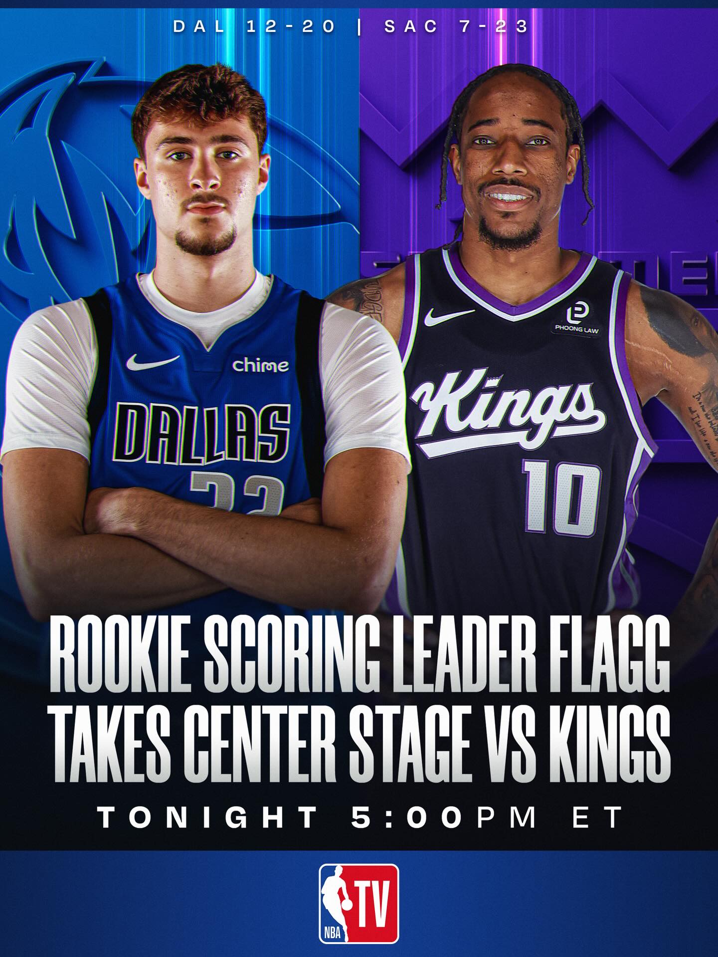 The NBA's rookie leading scorer Cooper Flagg (24.4 PPG, 6.2 RPG, 4.5 APG in Dec.) and the @dallasmavs roll into Sacramento to face DeMar DeRozan (19.0 PPG) and the @sacramentokings.

DAL/SAC • 5:00pm/et • NBA TV